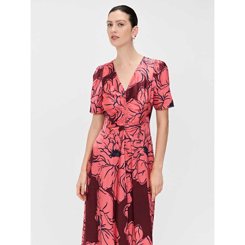 Veronika Maine Coral Peony Satin V Neck Midi Dress image number 2
